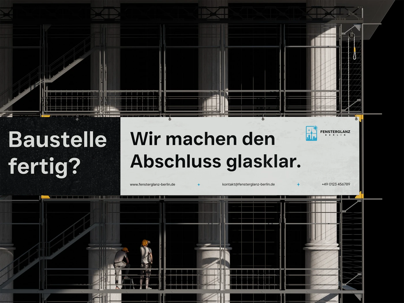 Fensterglanz Berlin — Mockup einer Bauzaunwerbung