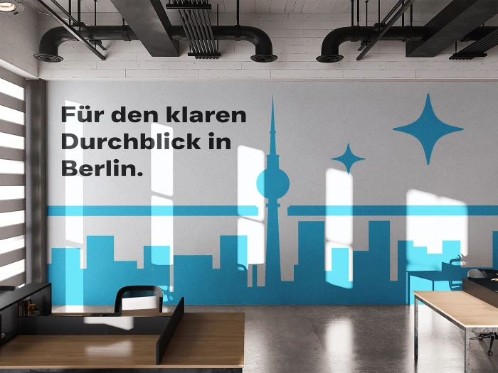 Fensterglanz Berlin — Mockup an einer Bürowand